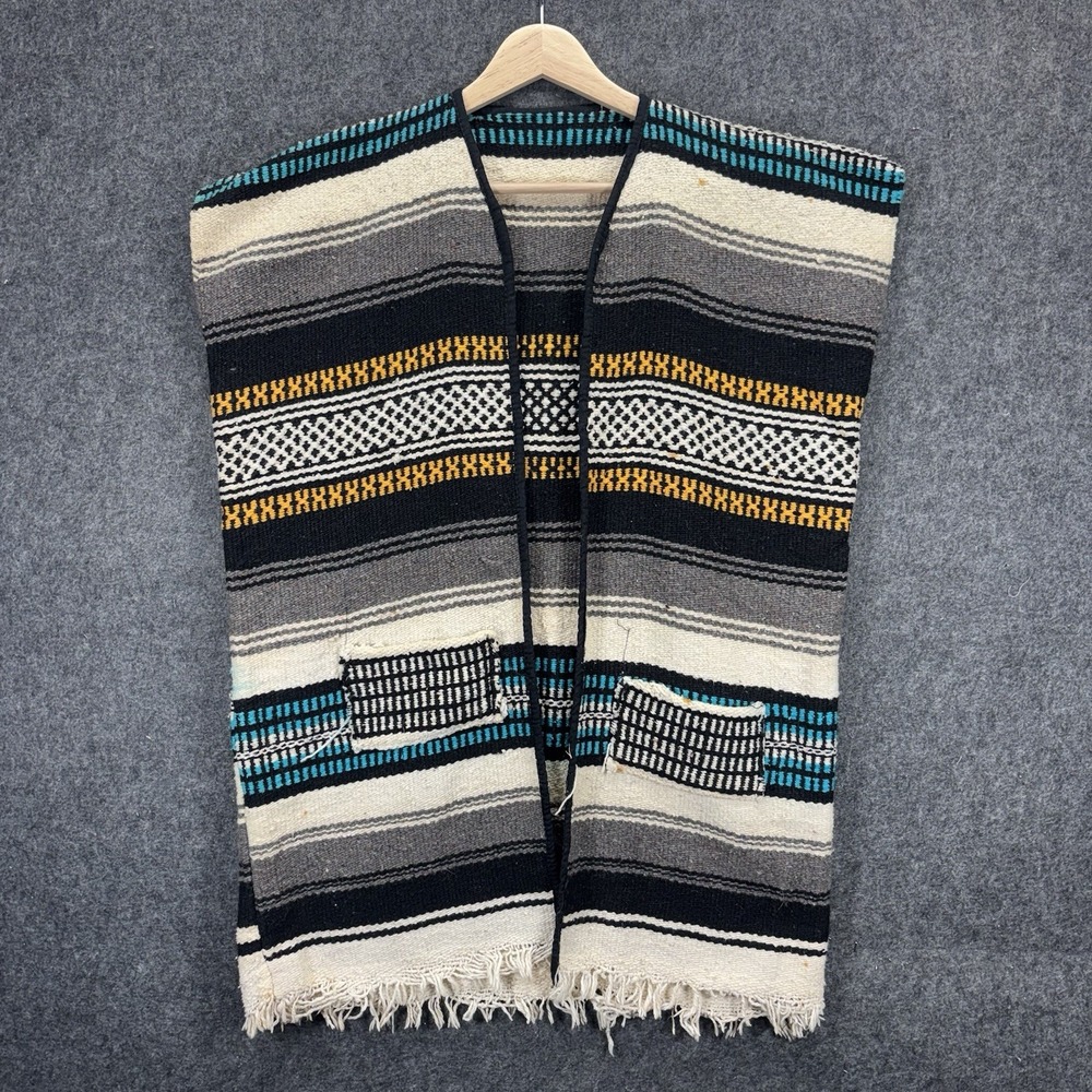 Vintage Mexican Serape Blanket Poncho Vest Southwest Fringe Blanket MCM Mod